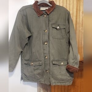 Barn Chore Coat Women Med Army Green Brown Corduroy Collar Fleece Lining Pockets